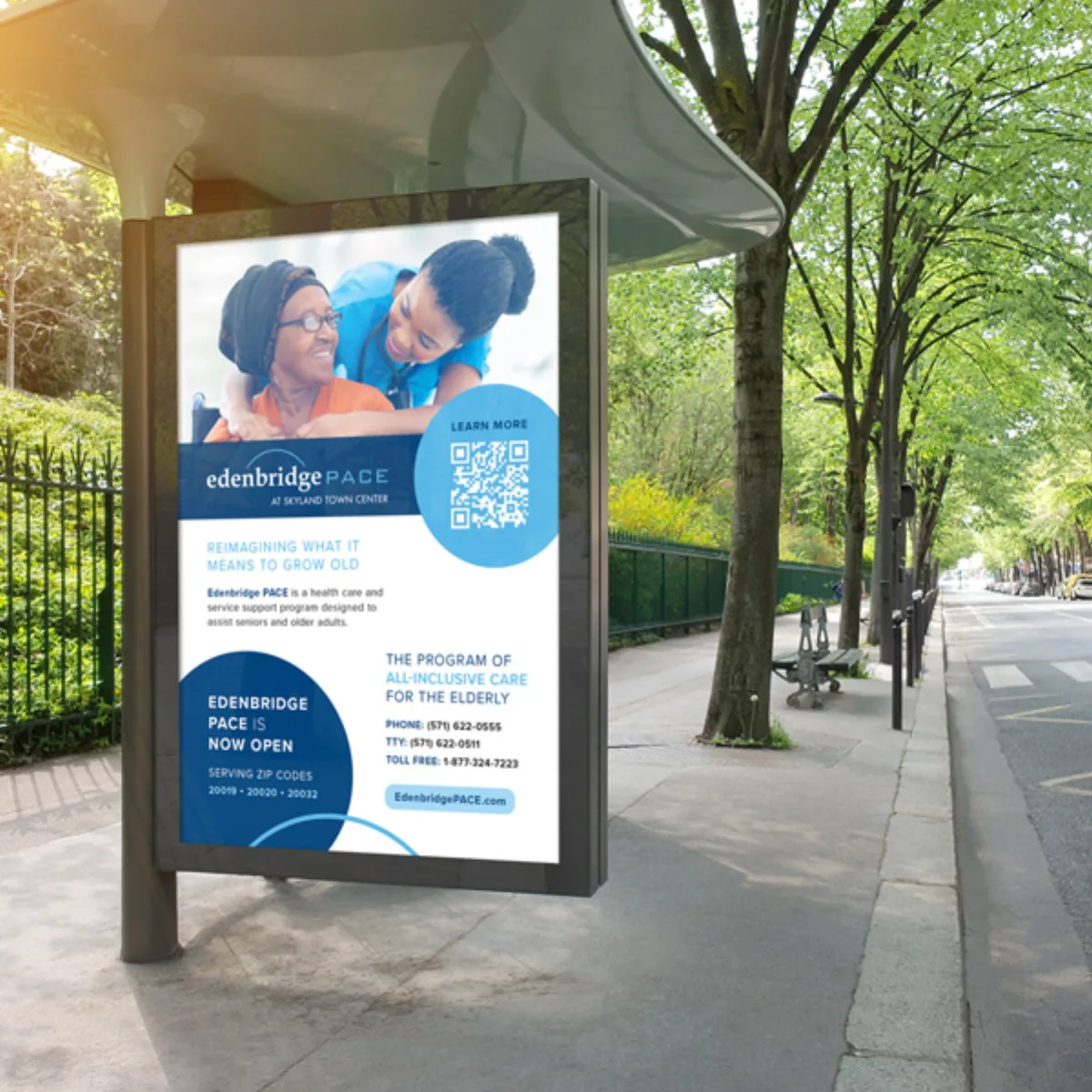 Edenbridge PACE bus stop advertisement demonstrating clear, accessible healthcare communication design